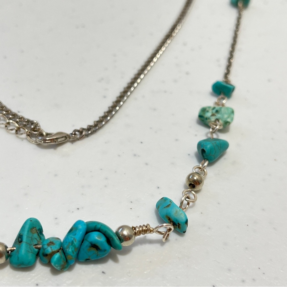 Handmade Turquoise & Silver Color Rope Necklace 47 Inch Beaded Chain - Picture 5 of 9